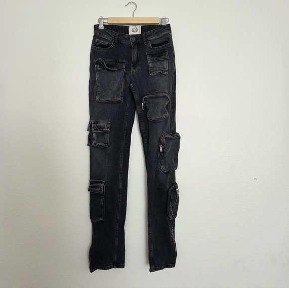 Urban Outfitters BDG Charcoal Black Multi Pocket Tactical Cargo Jeans Size 25 - Picture 1 of 5